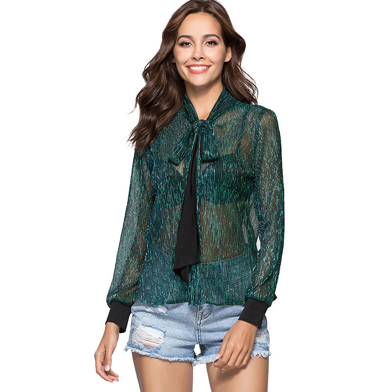 Men's See Through Reflective Bow Tie Mesh Shirt On Chest Green Long Sleeve Slim Fit For Evening Wear