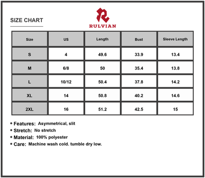 Size Chart - Women's Slit Printed Single Shoulder Midi Dress with Asymmetrical Hem 100% Polyester Fabric for Elegant Occasion