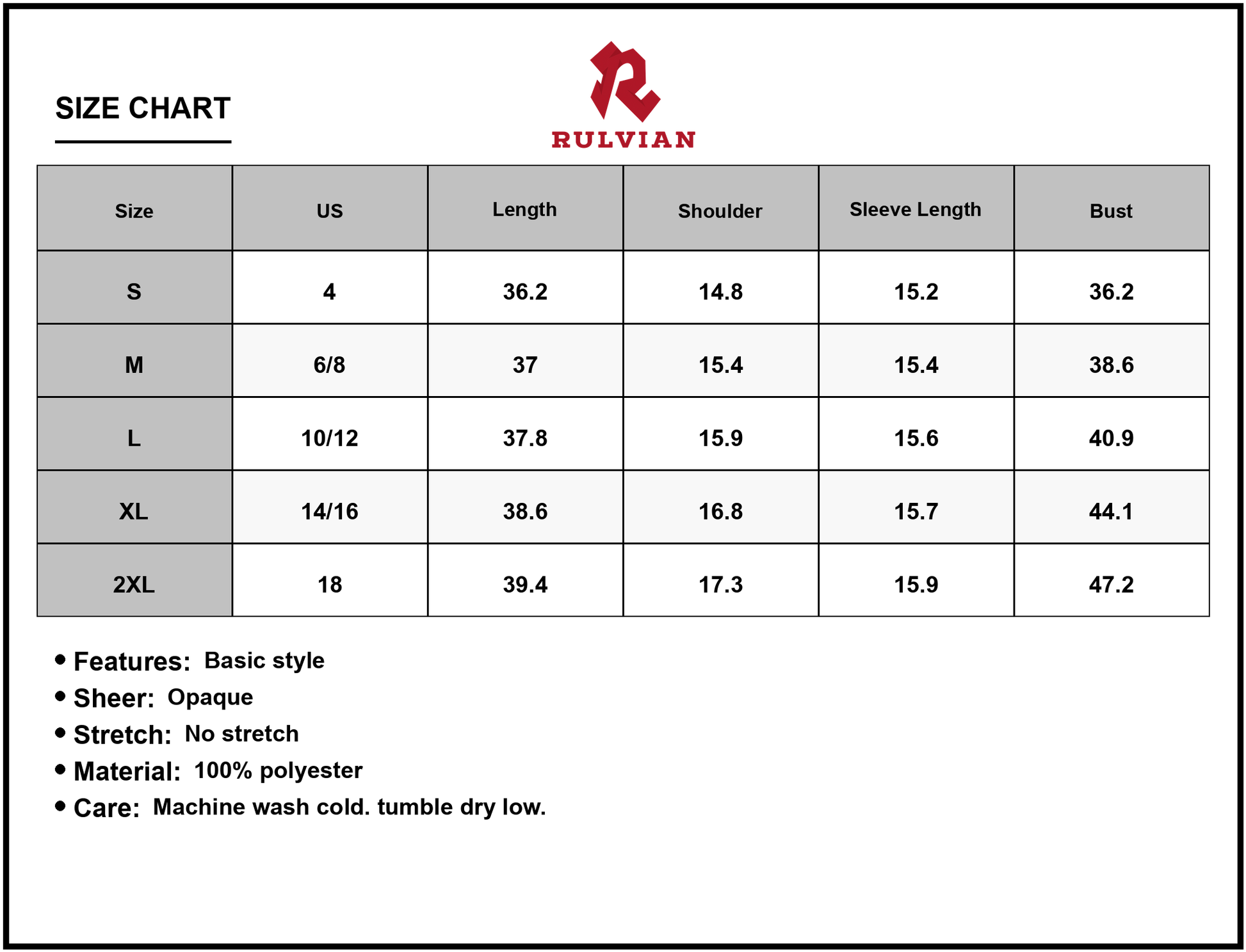 Size Chart - Women's Printed Notched Three Quarter Sleeve Tiered Dress Polyester 100% Fabric Easy Care Everyday Wear Casual