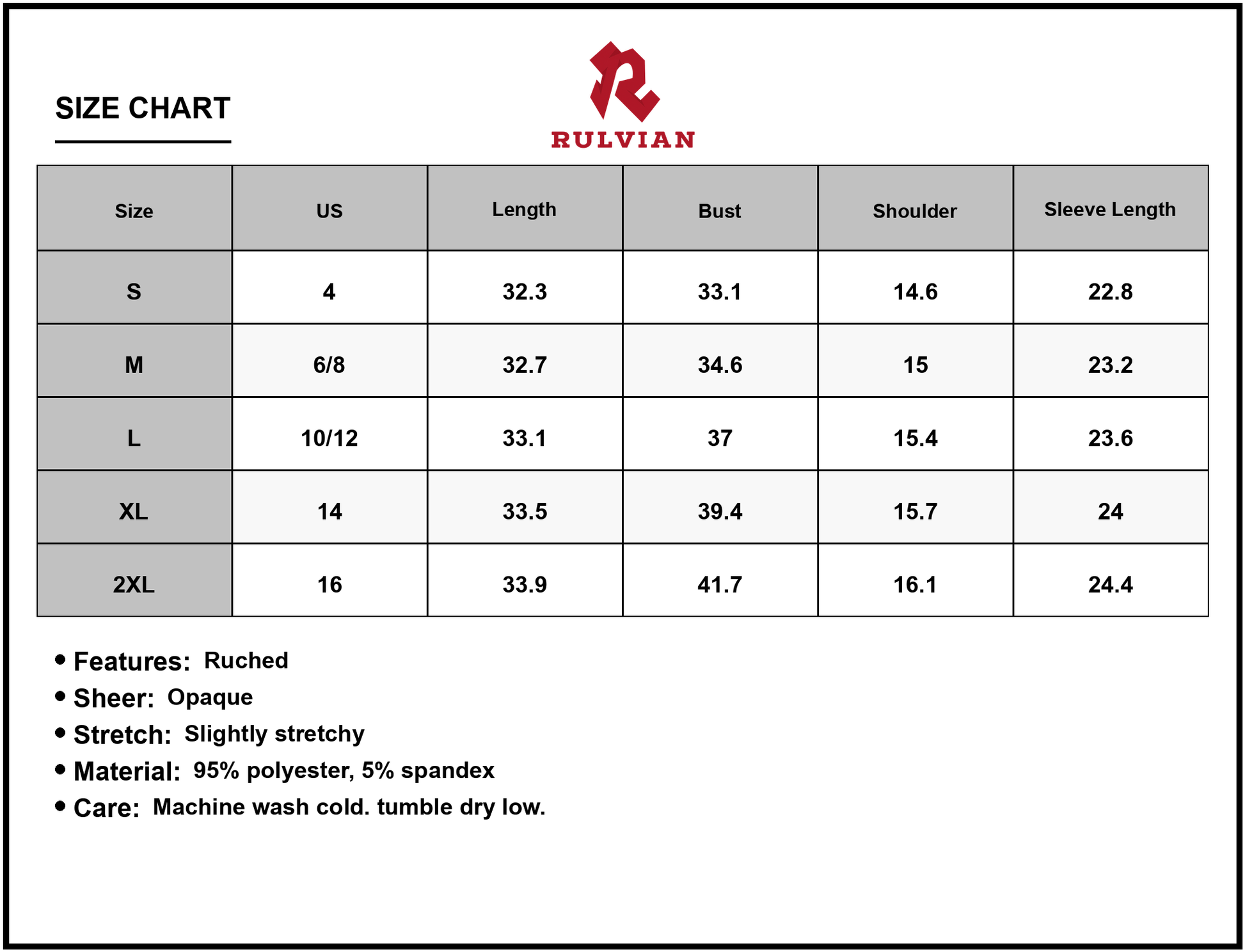 Size Chart - Women's Ruched Plunge Long Sleeve Wrap Dress with Sheer Overlay and Figure Enhancing Fit 95% Polyester 5% Spandex