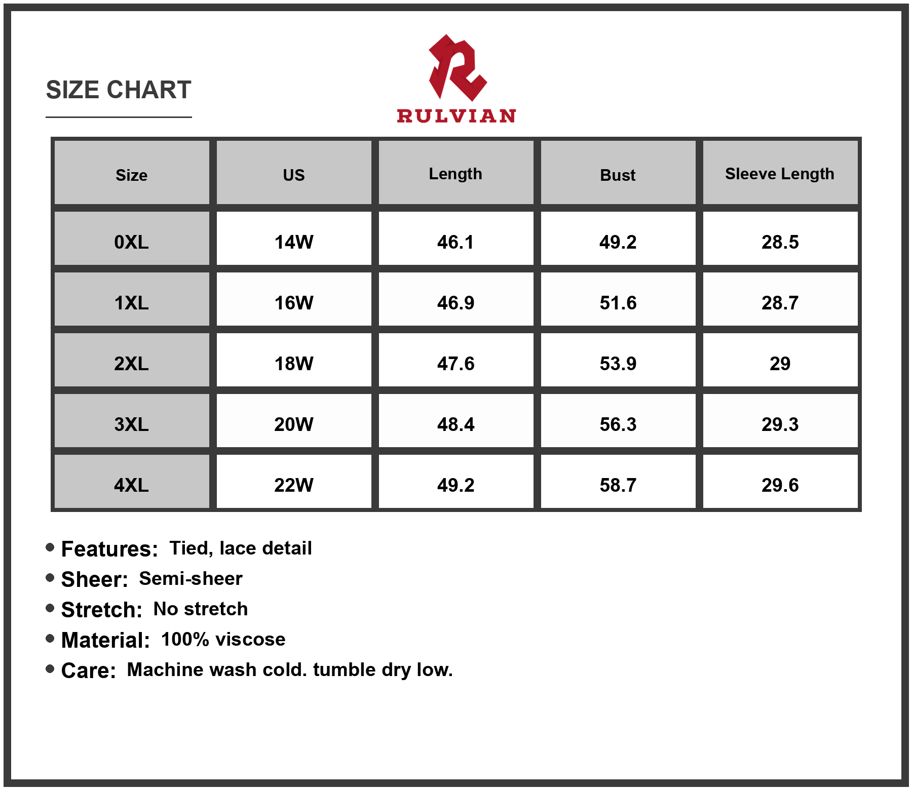 Size Chart - Women's Plus Size Lace Detail Tie Neck Long Sleeve Midi Dress 100% Viscose Semi Sheer Elegant Everyday Wear Chic