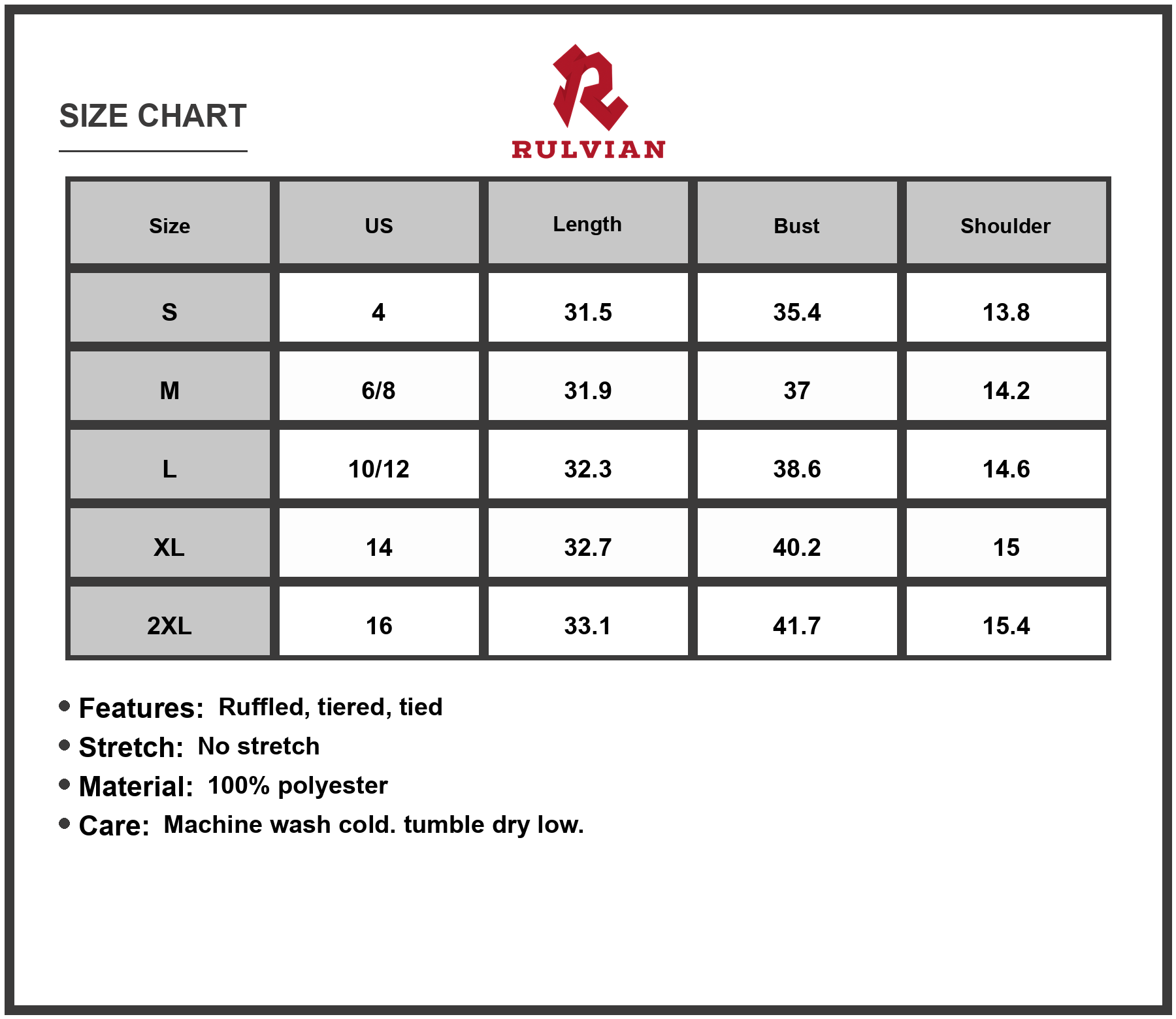 Size Chart - Women's Ruffled Surplice Cap Sleeve Mini Dress 100% Polyester fabric Tiered Design Easy Care Ideal for Summer Evenings