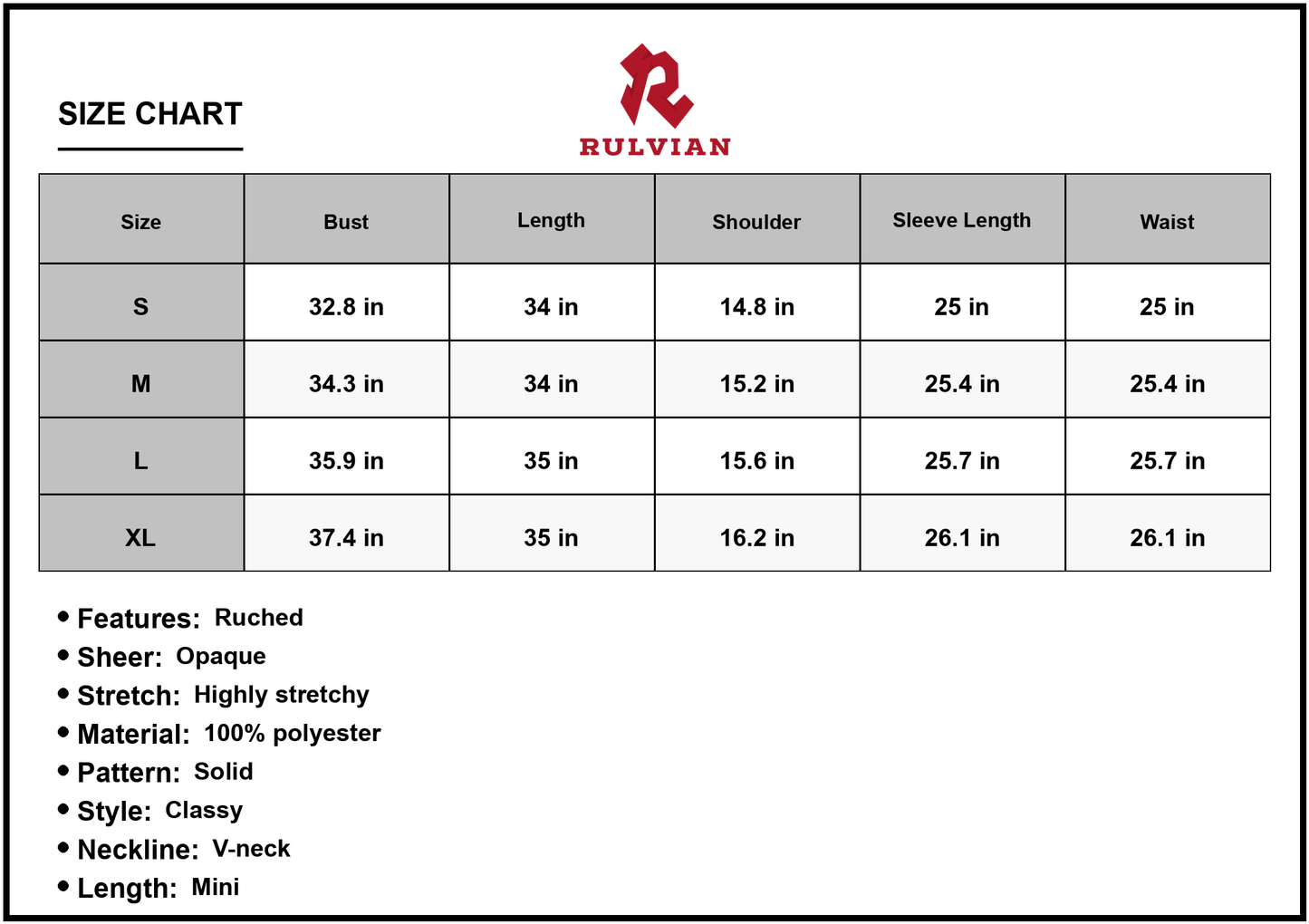 Size Chart - Women's Twist Front Cutout Long Sleeve Dress 100% Polyester V Neck Mini Length Pencil Hem Solid Style Classy Look