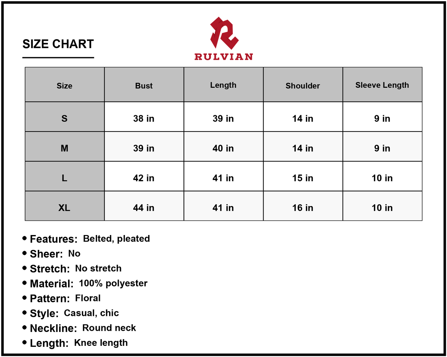 Size Chart - Women's Floral Round Neck Tie Belt Pleated Dress with Flutter Short Sleeves Knee Length Polyester for Casual Chic