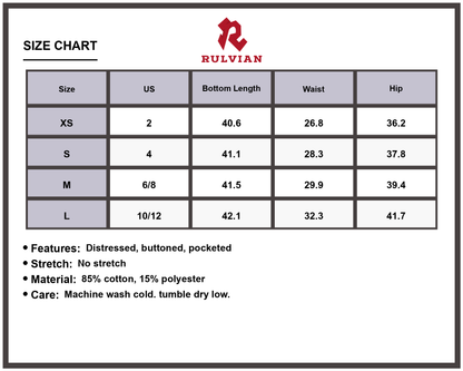 Size Chart - Women's Distressed Straight Leg Jeans High Waisted Button Fly Pockets Non Stretch Casual Everyday Premium Durable Fashionable