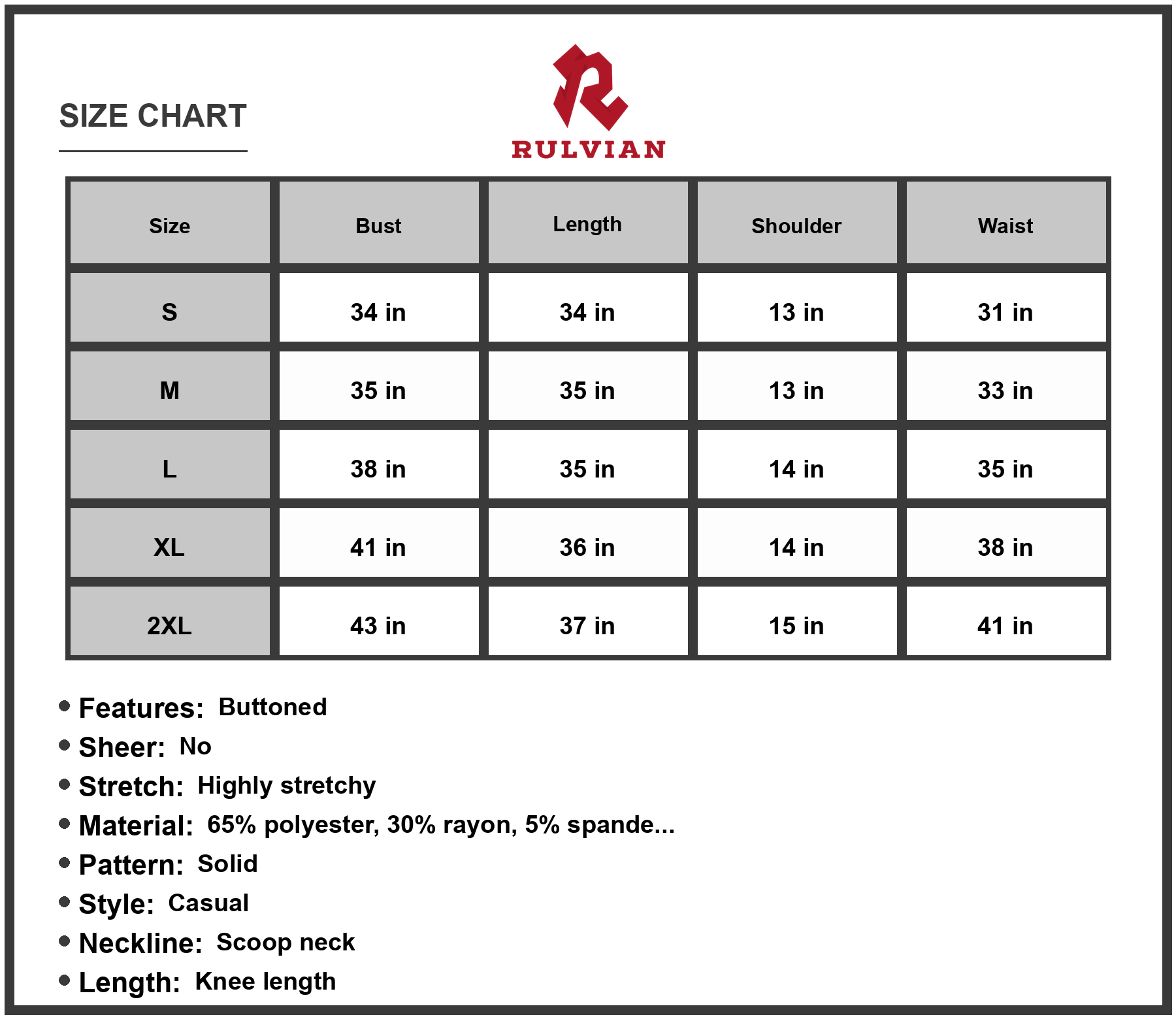 Size Chart - Women's Tiered Scoop Neck Sleeveless Dress with Decorative Button Detail 65% Polyester 30% Rayon 5% Spandex Everyday