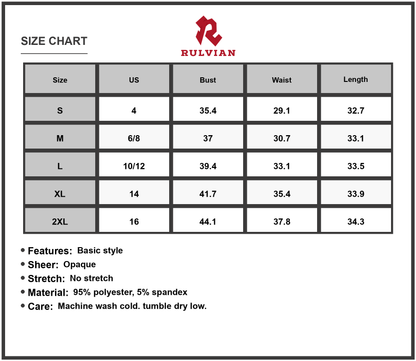 Size Chart - Women's Printed V Neck Short Sleeve Mini Dress 95% Polyester 5% Spandex Opaque Body Contour Fit for Everyday Wear