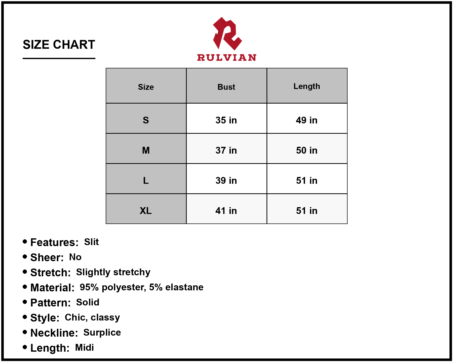 Size Chart - Women's Surplice Neck Slit Sleeveless Midi Dress featuring 95% polyester 5% elastane fabric for a chic drape with fit