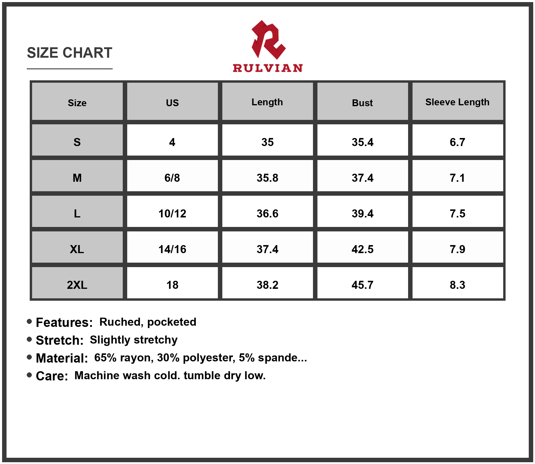 Size Chart - Women's Pleated Front Round Neck Swing Dress with Pockets Ruched Stretch 65% rayon 30% polyester 5% spandex Easy Care