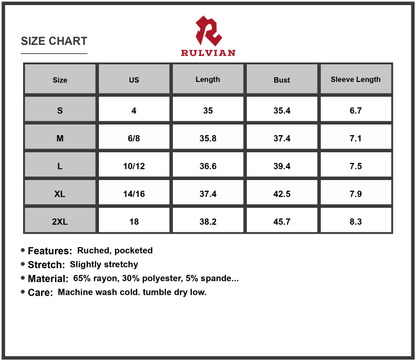 Size Chart - Women's Pleated Front Round Neck Swing Dress with Pockets Ruched Stretch 65% rayon 30% polyester 5% spandex Easy Care
