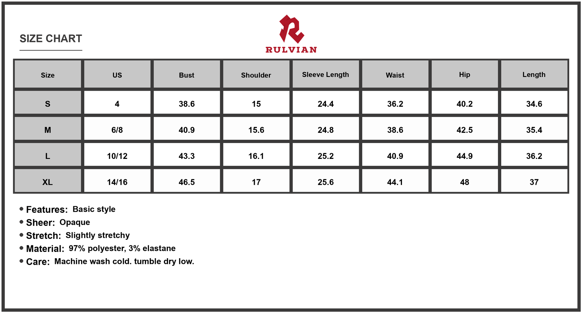 Size Chart - Women's Textured Round Neck Long Sleeve Mini Dress with Subtle Stretch Day to Night Wear 97% Polyester 3% Elastane Care