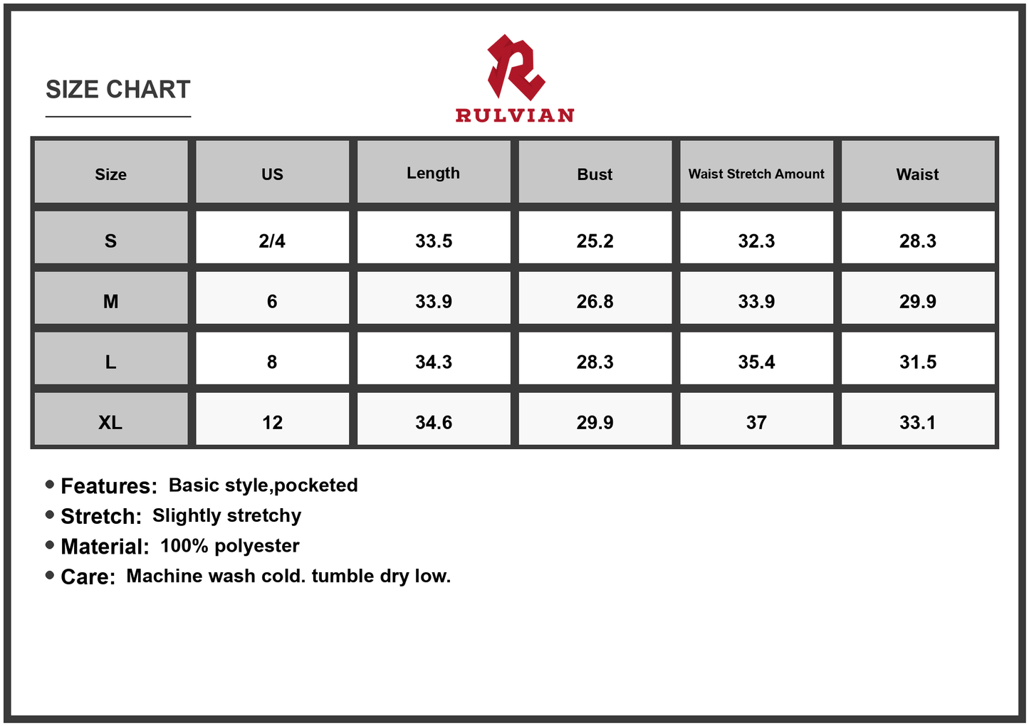 Size Chart - Women's Printed V Neck Summer Mini Dress with Pockets and Stretch 100% Polyester Fabric Lightweight Easy Care Daily