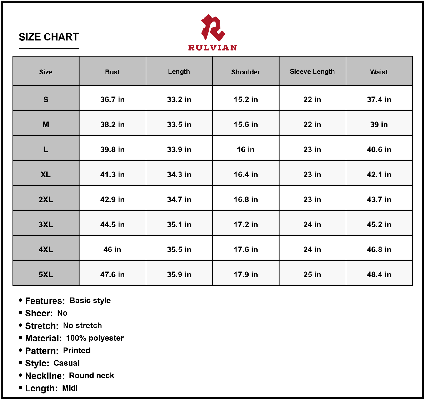 Size Chart - Women's floral long sleeve midi dress with round neck printed pattern casual everyday wear fabric 100% Polyester