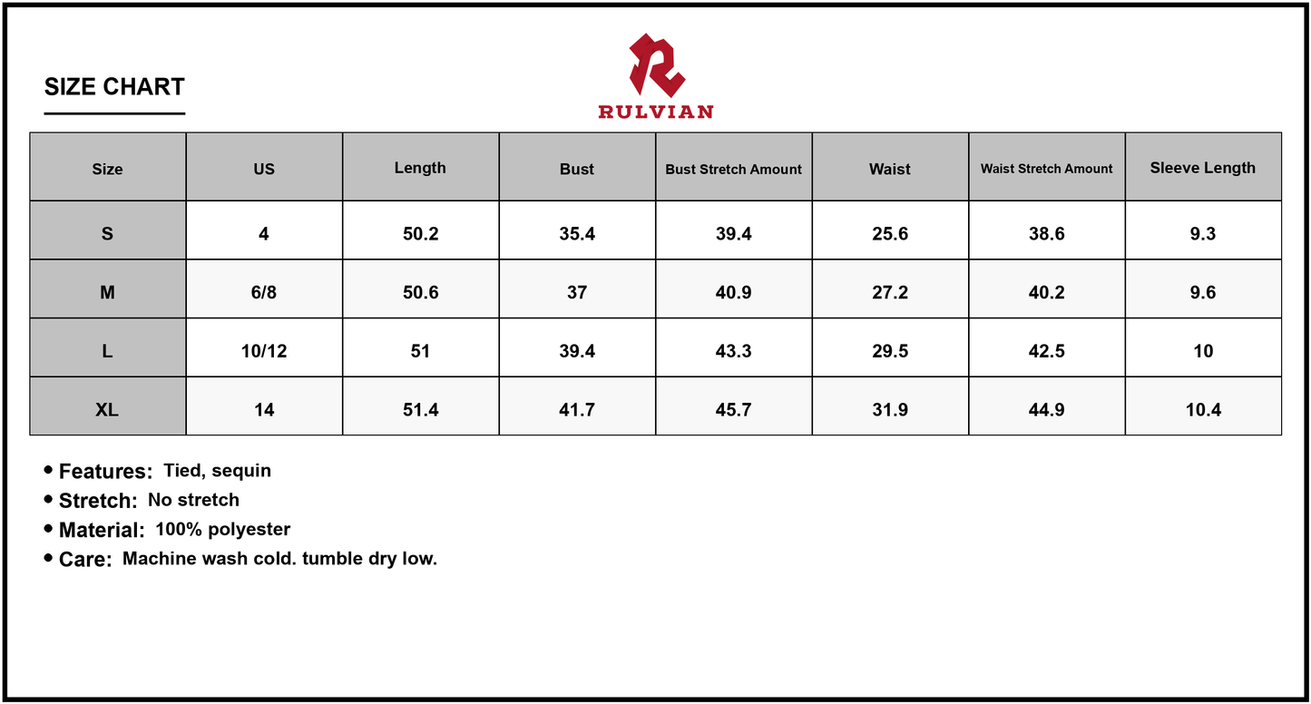 Size Chart - Men's Sequin Notched Short Sleeve Midi Dress Tied Waist 100% Polyester Fabric Shine for Party and Formal Events