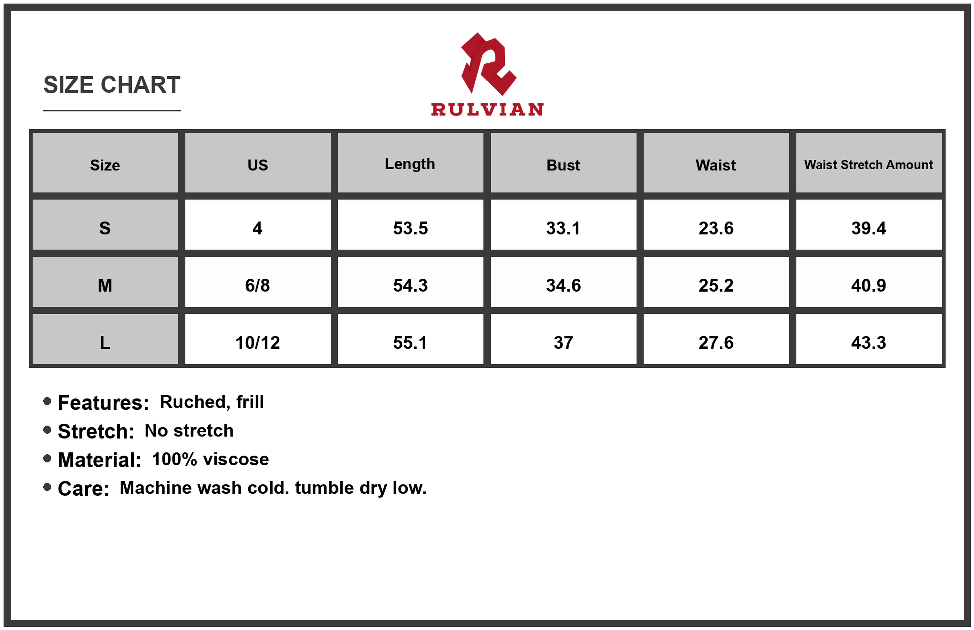 Size Chart - Women's Smocked Printed V-Neck Dress 100% Viscose Lightweight Flowy All Day Comfort Ideal For Summer Vacations