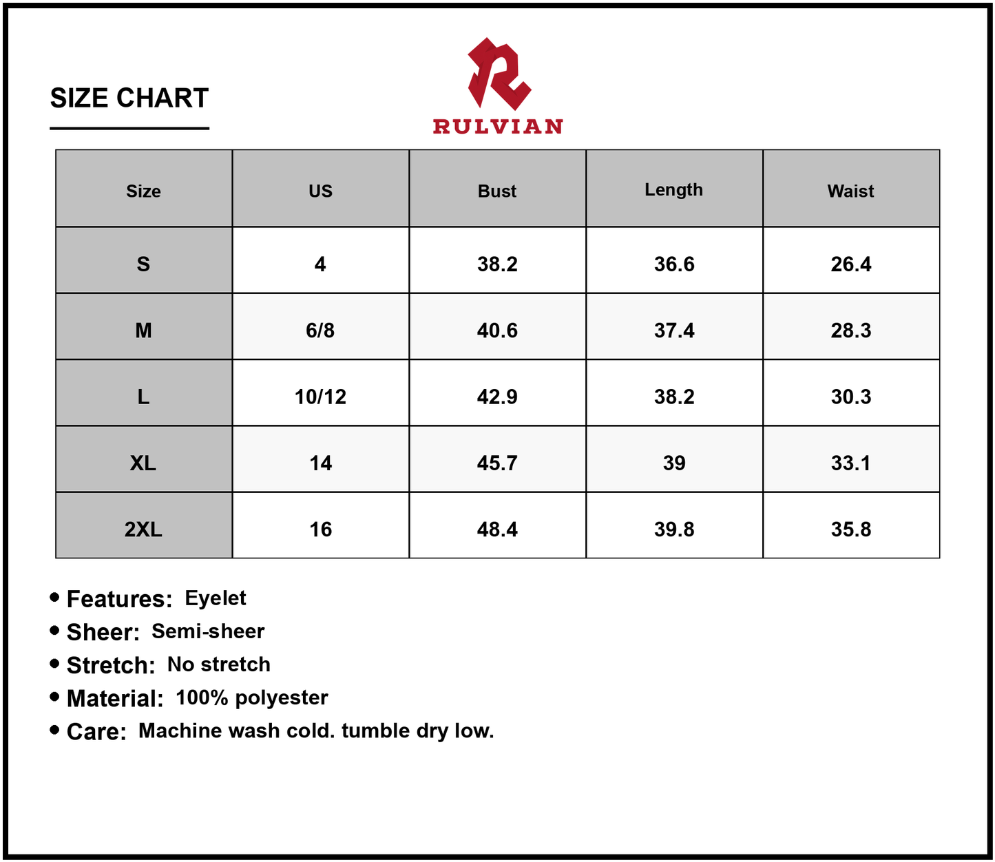 Size Chart - Womens Eyelet Notched Short Sleeve Mini Dress with Semi Sheer Body Not Lined 100% Polyester Easy Care Machine Wash