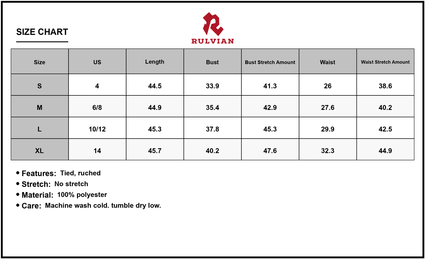 Size Chart - Women's V Neck Wide Strap Midi Cami Dress with Tied Ruched Look 100% Polyester Lightweight Easy Care Everyday Wear