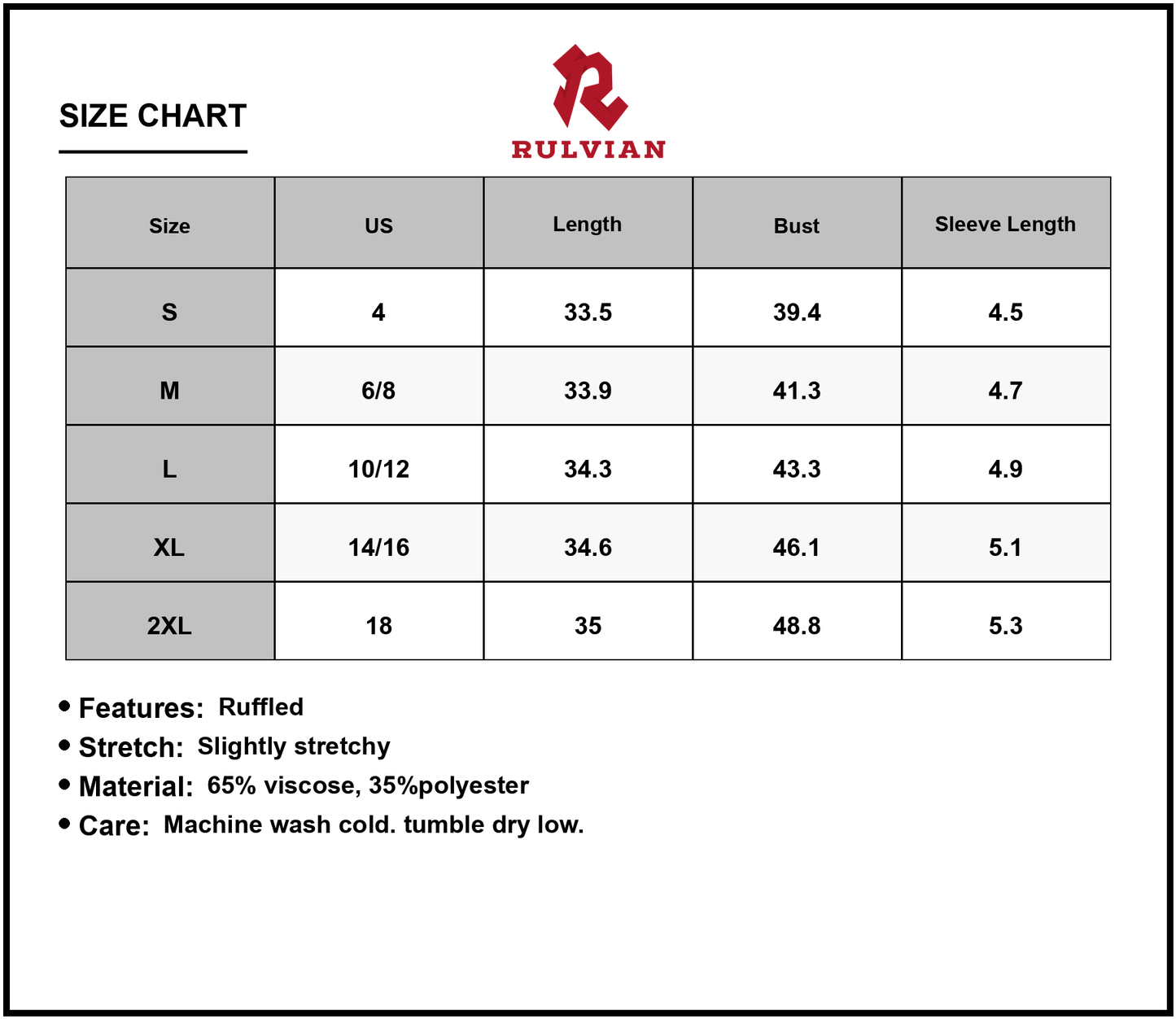 Size Chart - Women's Ruffled V Neck Cap Sleeve Mini Dress with Sixty Five Percent Viscose and Thirty Five Percent Polyester Fabric