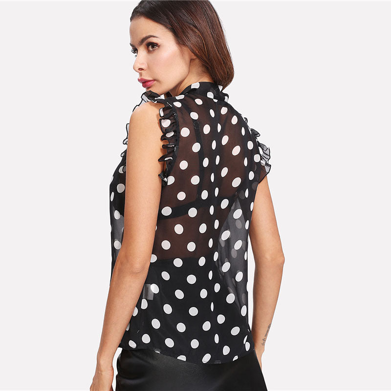 Womens Polka Dot Shirt With Ruffled Bow Stand Collar Sleeveless Top Chiffon Seventy Percent Cotton Fabric