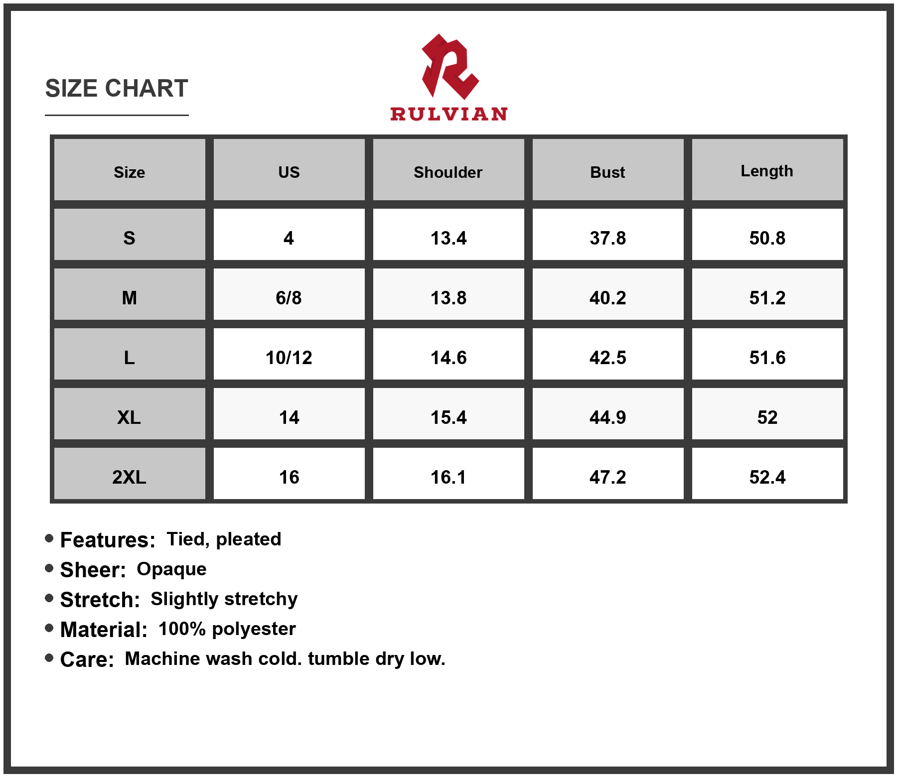 Size Chart - Women's V Neck Long Sleeve Pleated Dress with Sheer Ties 100% Polyester Fabric for Elegant Everyday Wear for any season