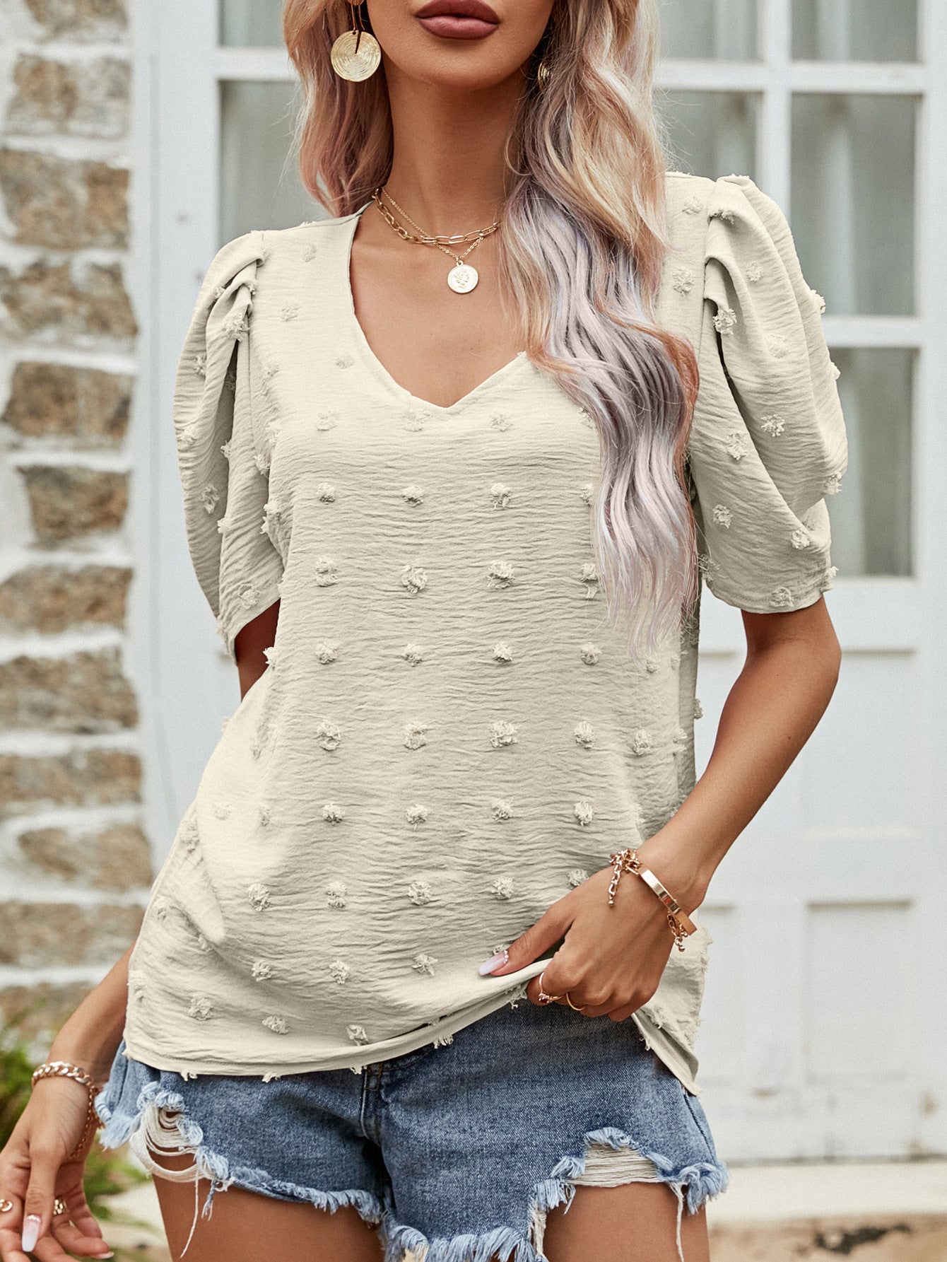 Women's V Neck Short Sleeve Jacquard Top With Puff Sleeves Apricot Pink Blue European Style 75% Polyester