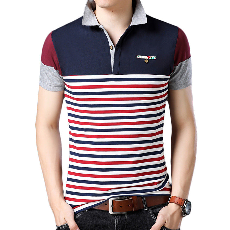Men's Plus Size Short Sleeve Striped Lapel T Shirt Lightweight Ninety Five Percent Cotton White Red Navy
