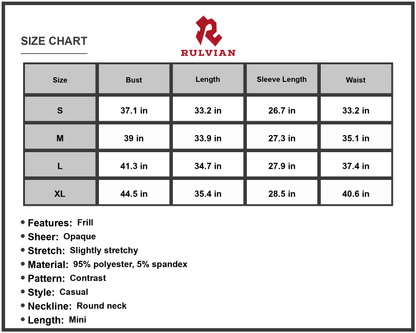 Size Chart - Women's Round Neck Frill Trim Dress with Long Sleeves Mini Length Casual Elegant 95% polyester 5% spandex everyday wear