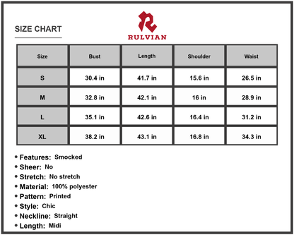 Size Chart - Women's Printed Spaghetti Strap Smocked Midi Dress 100% Polyester Soft Flowing Fabric For Summer Daytime Wear Everyday