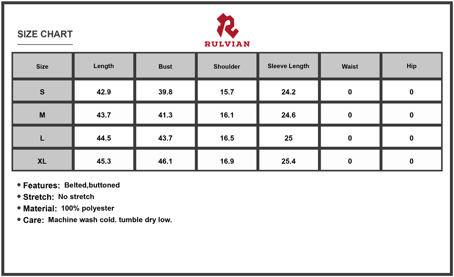 Size Chart - Women's Button Front Plaid Long Sleeve Dress Belted Casual Everyday 100% Polyester Fabric Soft Comfortable Feel