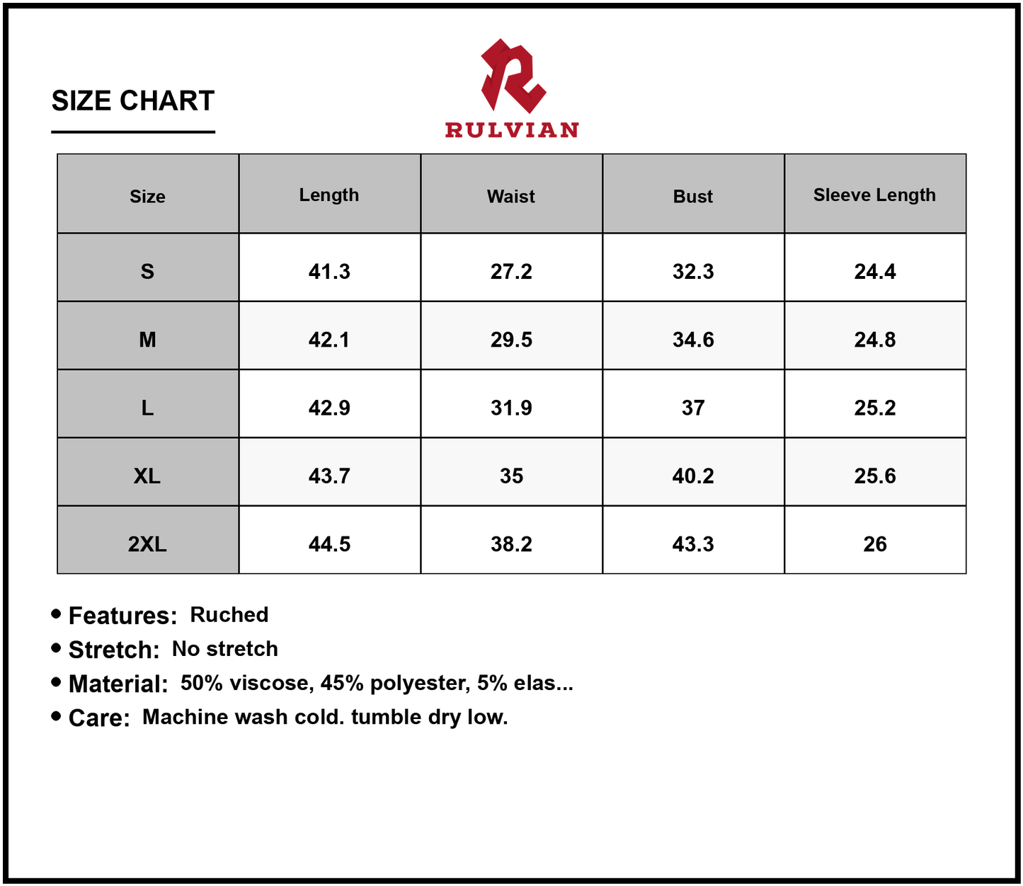Size Chart - Women's Solid Color Ruched Detail Long Sleeve Midi Dress with viscose % polyester % elastane blend for everyday wear