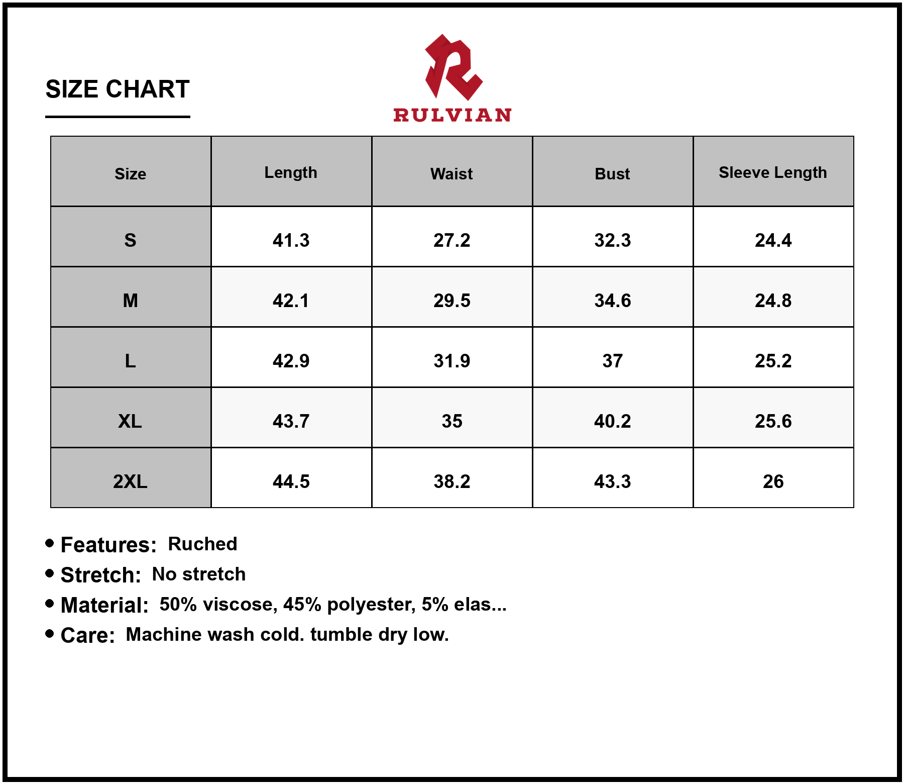 Size Chart - Women's Solid Color Ruched Detail Long Sleeve Midi Dress with viscose % polyester % elastane blend for everyday wear