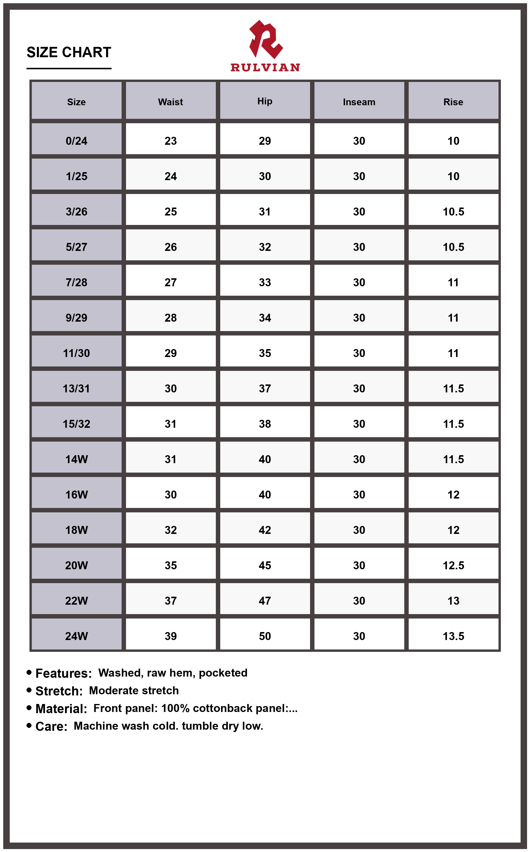 Size Chart - Women's High Waist Rigid Straight Leg Jeans Heavy Destroyed Denim Raw Hem Pocketed Durable Edgy Look Flattering Fit Versatile