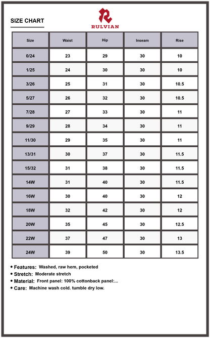 Size Chart - Women's High Waist Rigid Straight Leg Jeans Heavy Destroyed Denim Raw Hem Pocketed Durable Edgy Look Flattering Fit Versatile