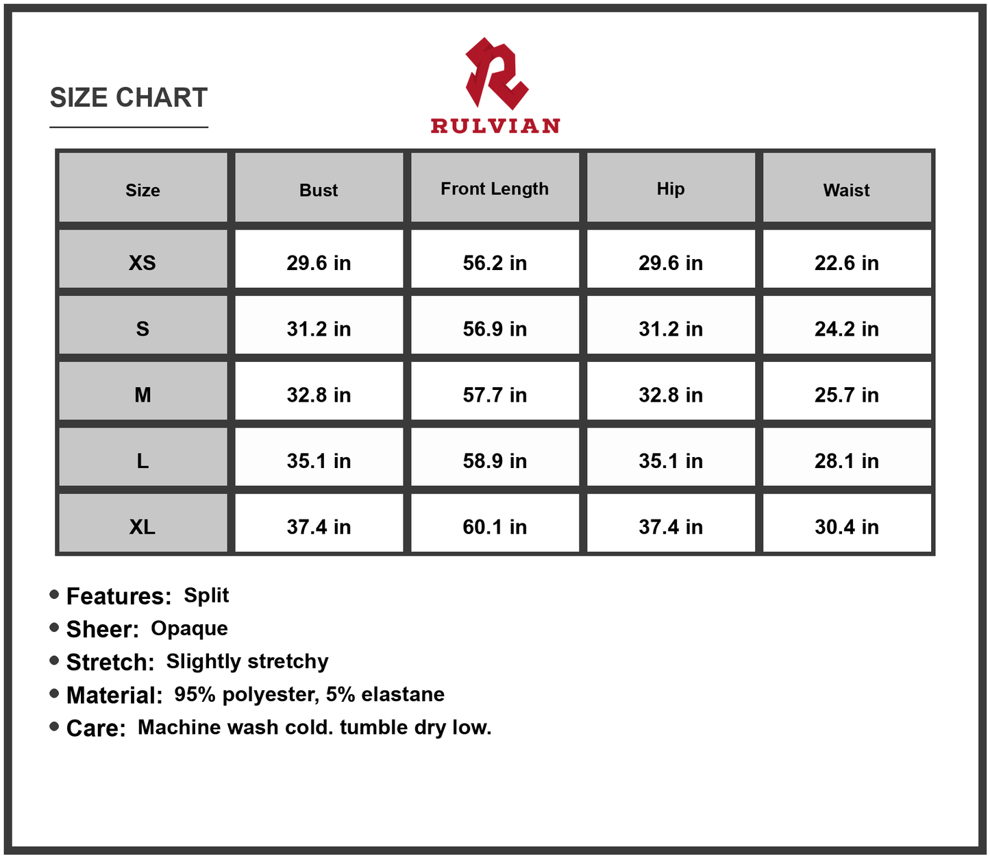 Size Chart - Womens Halter Neck Split Dress with Sheer Front and Slit Slight Stretch 95% Polyester 5% Elastane Imported Elegant