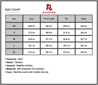 Size Chart - Womens Halter Neck Split Dress with Sheer Front and Slit Slight Stretch 95% Polyester 5% Elastane Imported Elegant