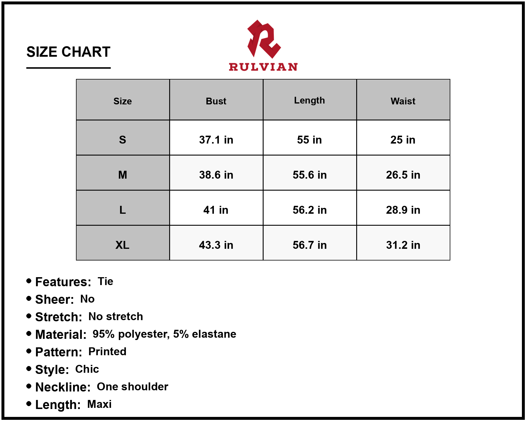 Size Chart - Women's Printed Tie Waist One Shoulder Maxi Dress with 95% Polyester fabric and 5% Elastane fabric for chic everyday