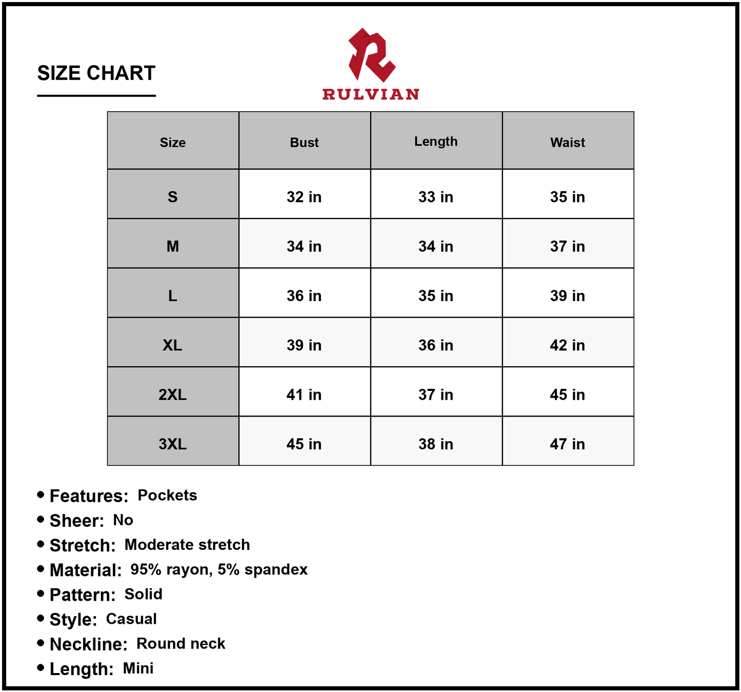 Size Chart - Women's Full Size Round Neck Sleeveless Dress with Pockets 95% rayon and 5% spandex for Everyday Casual Comfort