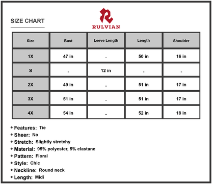 Size Chart - Women's Floral Tie Waist Round Neck Midi Dress Flutter Sleeves Chic Elegant Everyday Wear 95% Polyester 5% Elastane