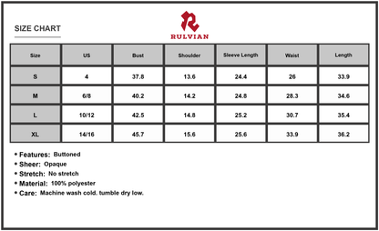 Size Chart - Women's Drawstring Half Button Long Sleeve Dress 100% Polyester Fabric Lightweight Soft Easy Care Everyday Wear