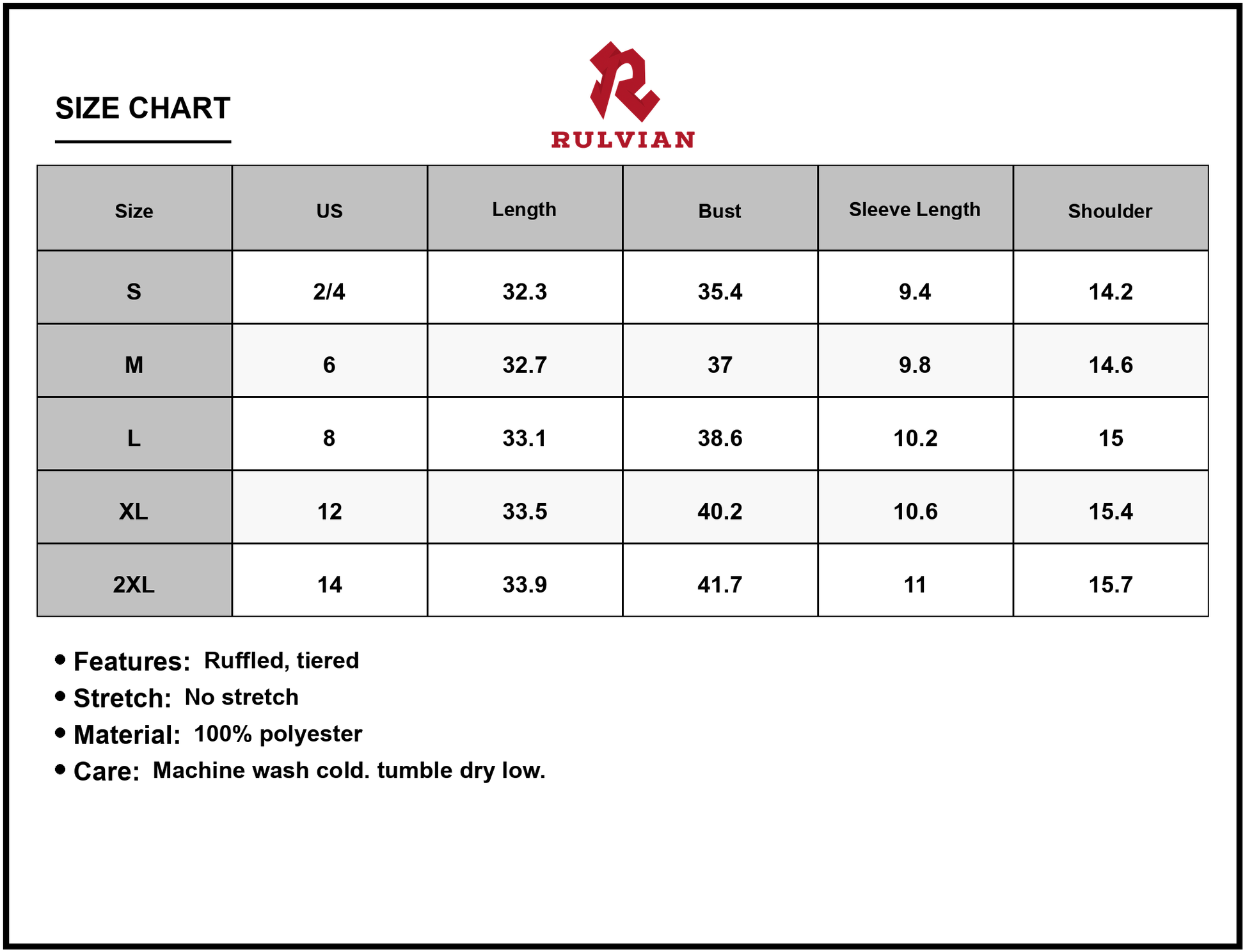 Size Chart - Women's Ruffled Round Neck Cap Sleeve Mini Dress 100% Polyester Lightweight Flowing Tiered Design Festive Everyday