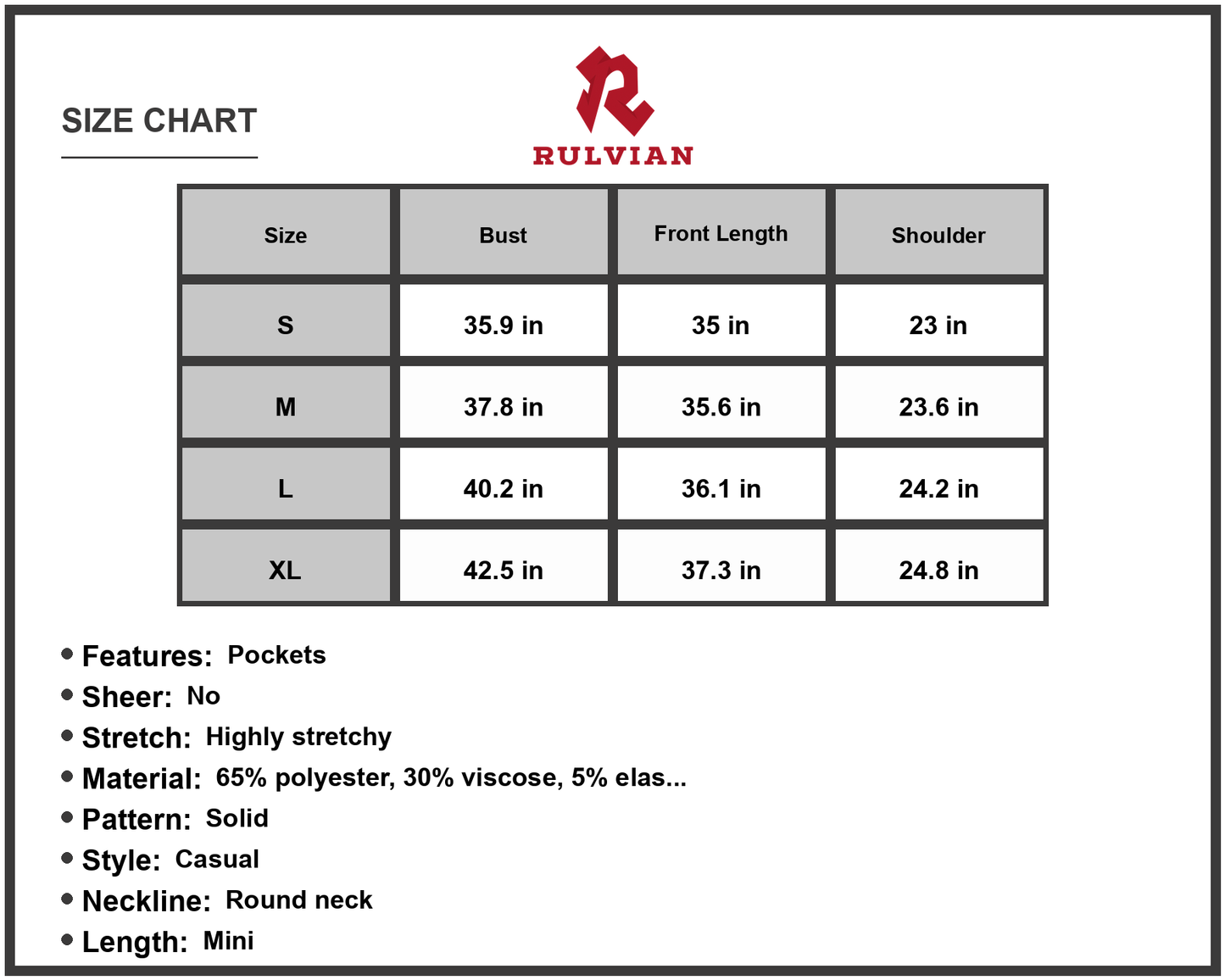 Size Chart - Women's Round Neck Flounce Sleeve Dress with Pockets 65% Polyester 30% Viscose 5% Elastane Ideal for Casual Wear