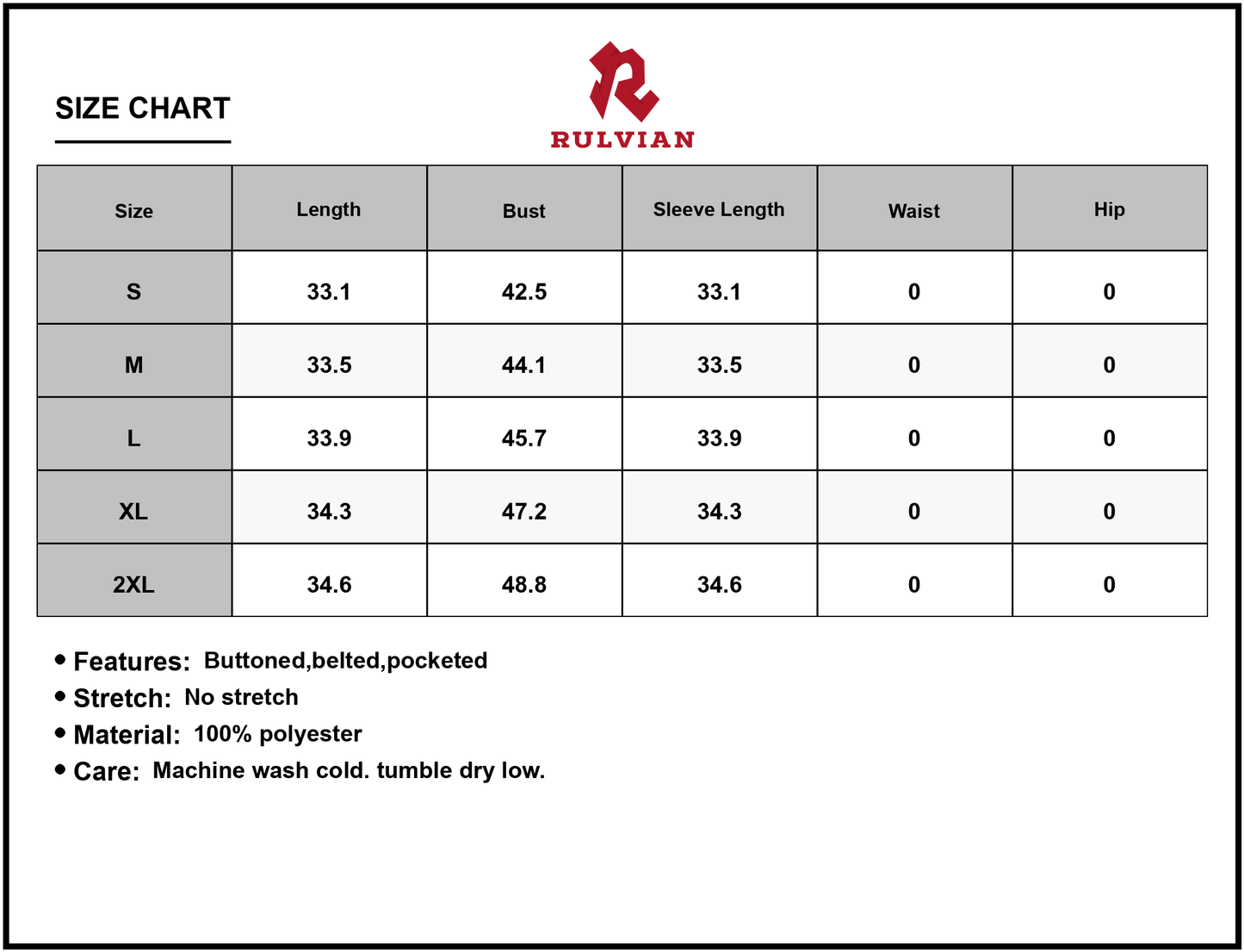 Size Chart - Women's Printed Tie Waist Half Sleeve Shirt Dress 100% Polyester Buttoned Belted Pockets Easy Care Imported Machine Wash
