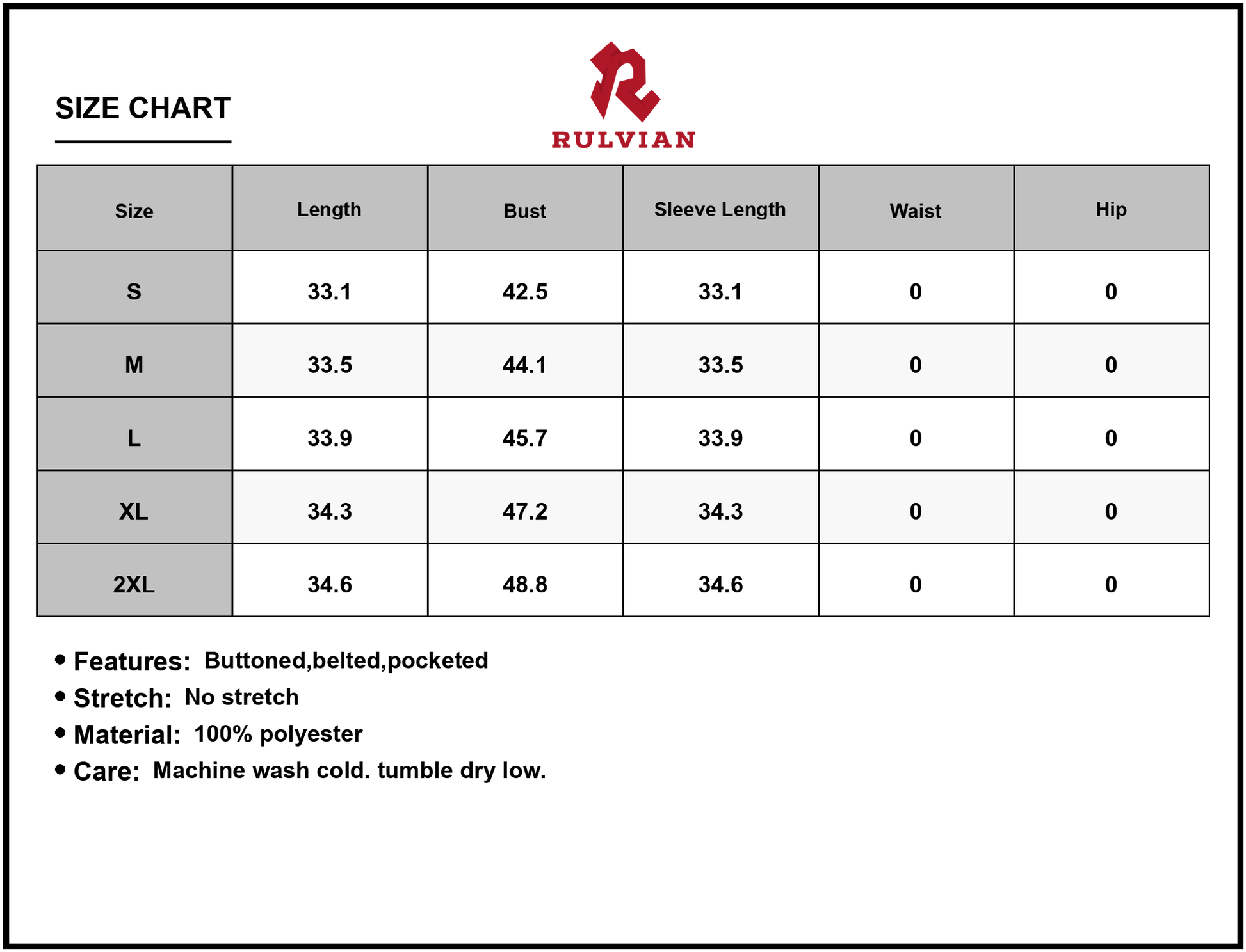 Size Chart - Women's Printed Tie Waist Half Sleeve Shirt Dress 100% Polyester Buttoned Belted Pockets Easy Care Imported Machine Wash