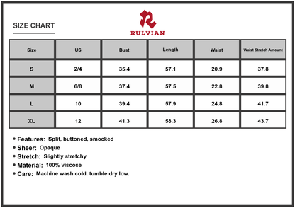 Size Chart - Women's Split Printed V-Neck Short Sleeve Dress 100% viscose with Smocked Sheer Overlay and Opaque Body soft drape