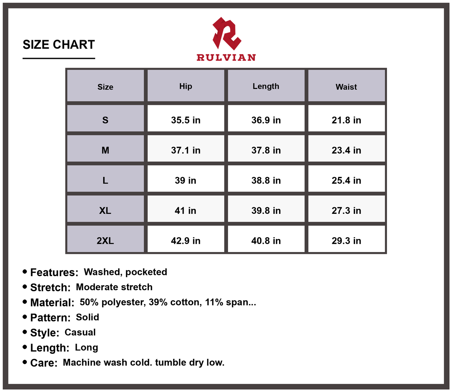 Size Chart - Women's Long Jeans with Pockets Premium Quality Casual Fit Versatile Everyday Wear Durable Construction Work Pants