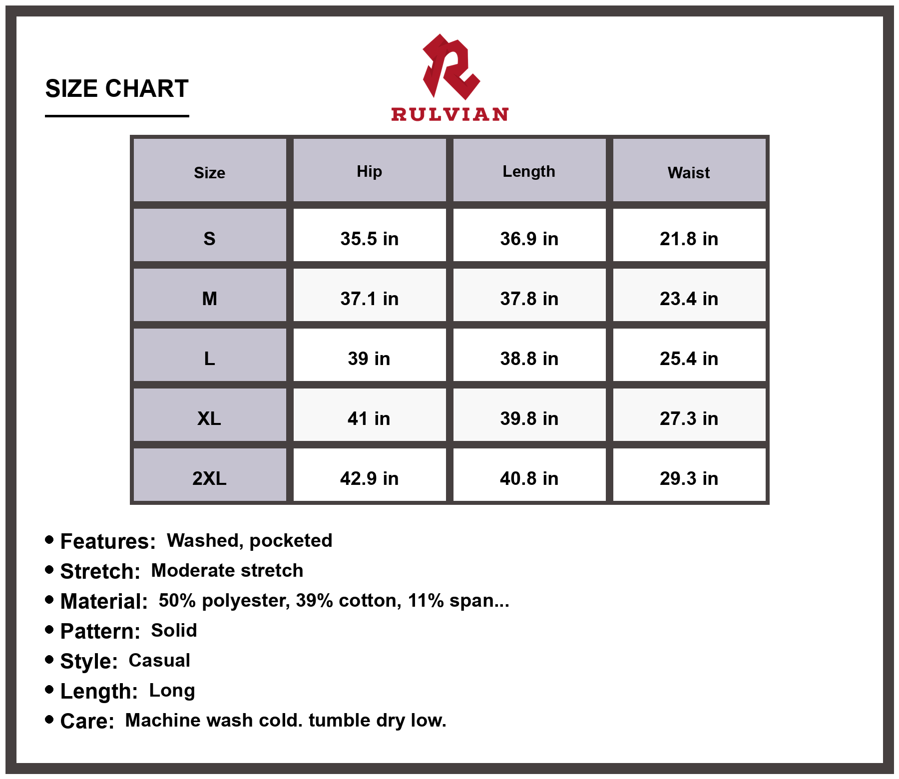 Size Chart - Women's Long Jeans with Pockets Premium Quality Casual Fit Versatile Everyday Wear Durable Construction Work Pants