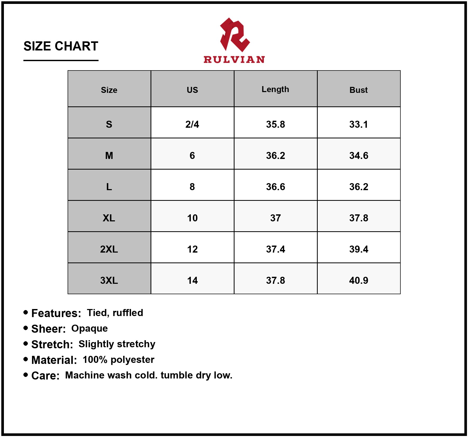 Size Chart - Women's Full Size Ruffled Surplice Cap Sleeve Dress in 100% Polyester Fabric Lined Machine Wash Cold Tumble Dry Low