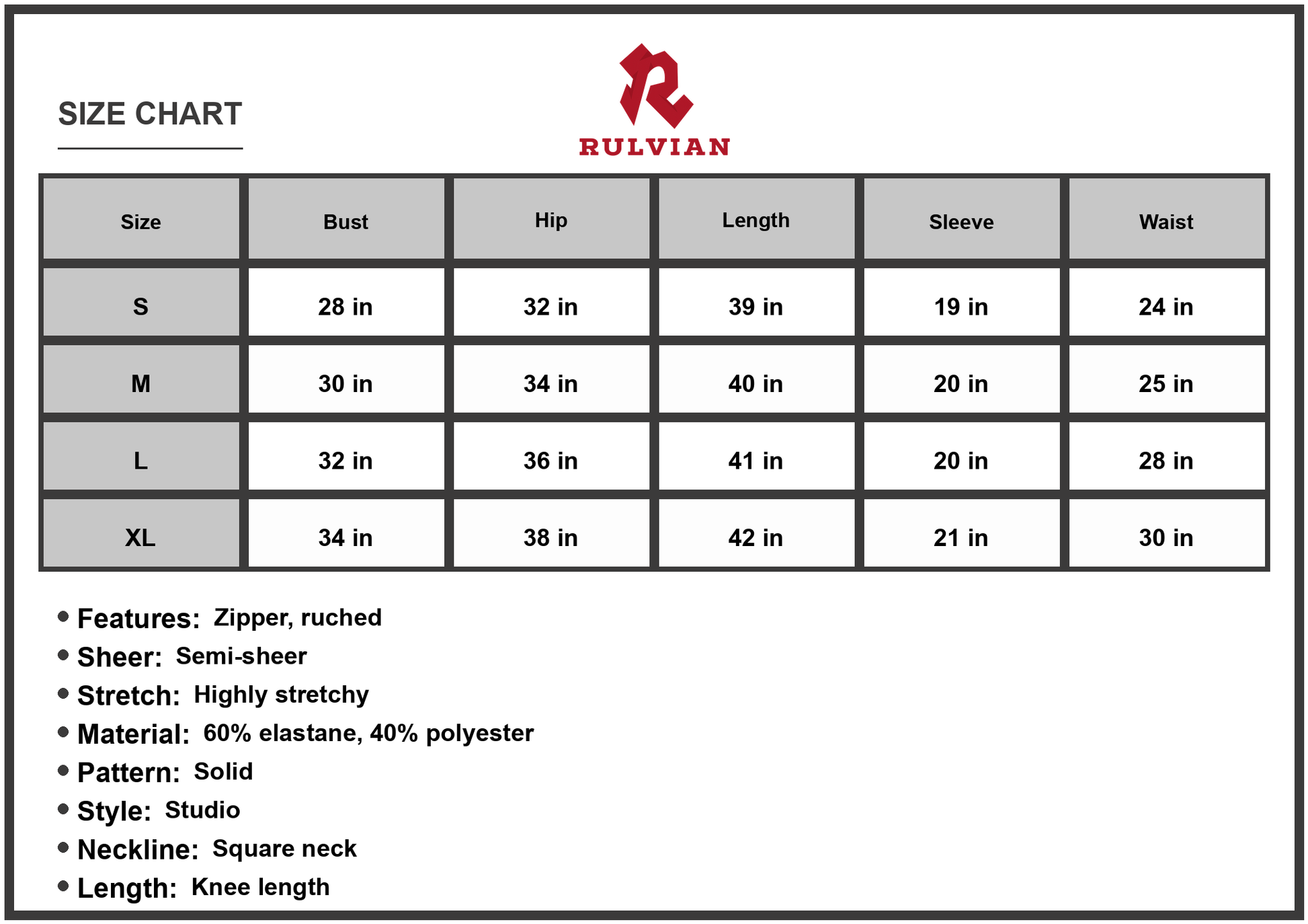 Size Chart - Women's Zip Back Ruched Bodycon Dress Square Neck Knee Length Long Sleeve Chic Minimalist 60% Elastane 40% Polyester