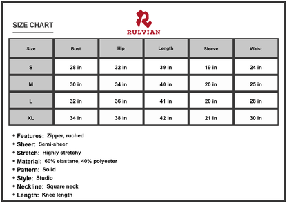 Size Chart - Women's Zip Back Ruched Bodycon Dress Square Neck Knee Length Long Sleeve Chic Minimalist 60% Elastane 40% Polyester