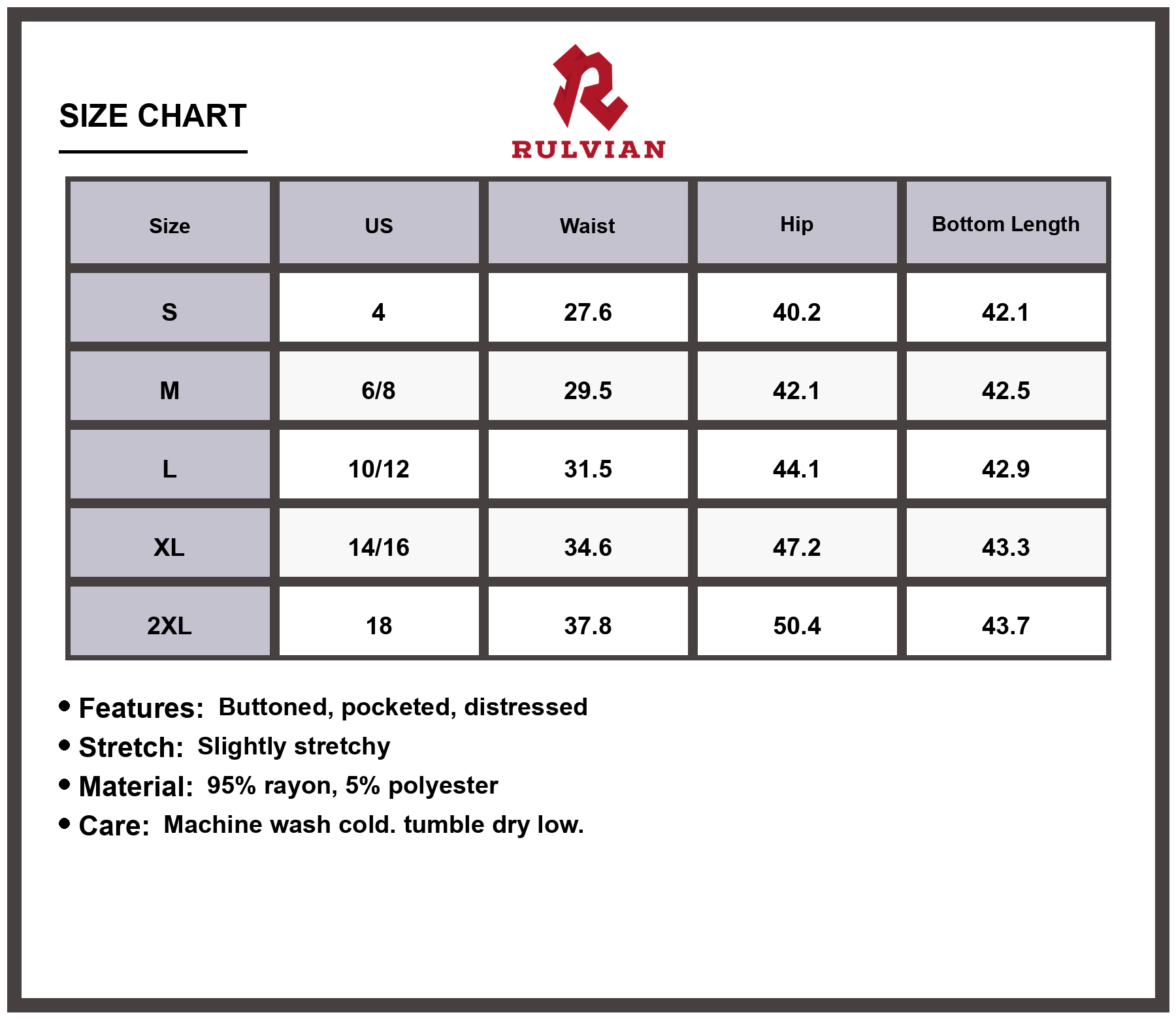 Size Chart - Women's Distressed Jeans with Pockets Premium Stretch Denim Casual Trendy Everyday Versatile Buttoned Pants